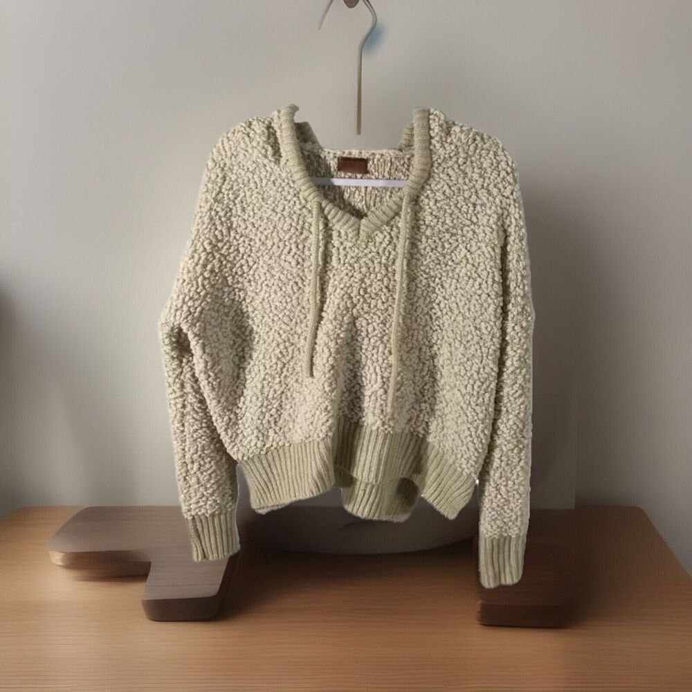 POL beige popcorn knit hi-low hem pullover hoodie sweater S